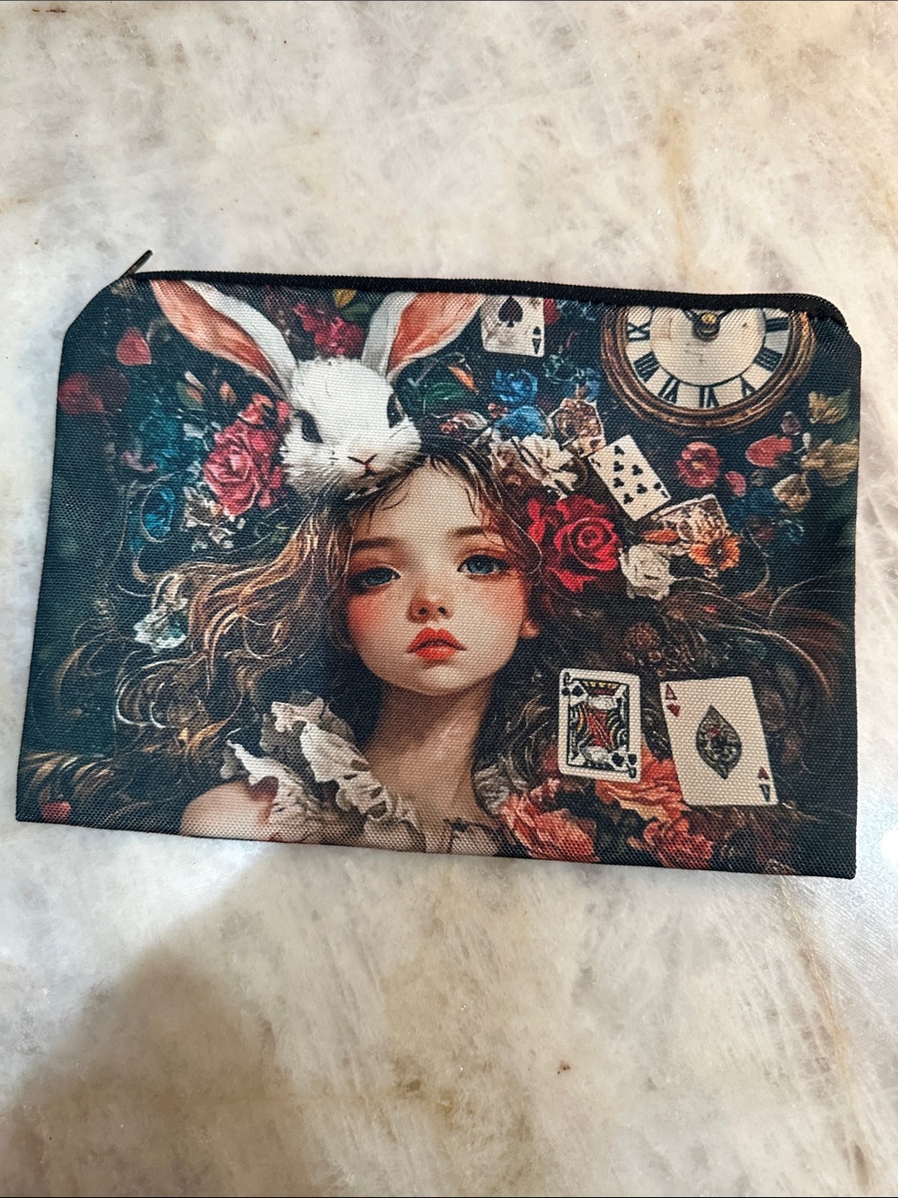 Artistic Alice in Wonderland Inspired Zip Pouch — Floral & Playing Cards